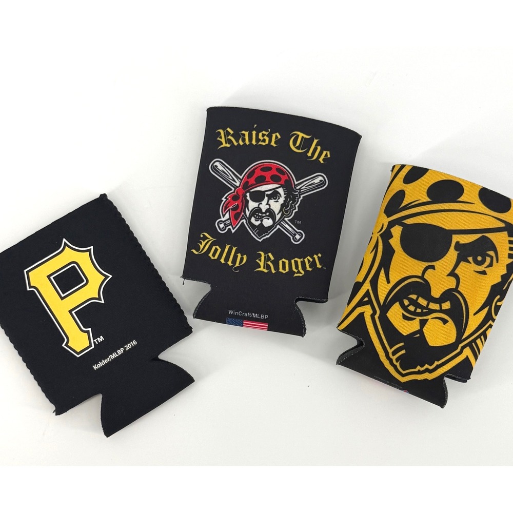 Pittsburgh Pirates Can Cooler Koozie Set 3pc MLB Baseball Black Gold Jolly Roger